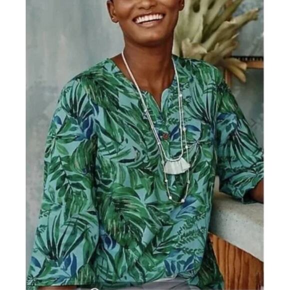 J. Jill Tropical Shirred Toile Top Womens Medium Petite Blue Green Oversized - Picture 4 of 11